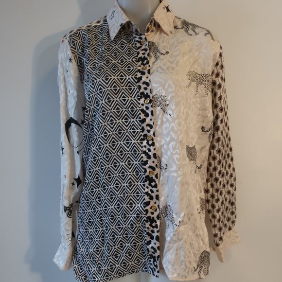 Womens VilaGallo White, Black, Leopard Button Down Blouse 42 /US 8 - Picture 2 of 6